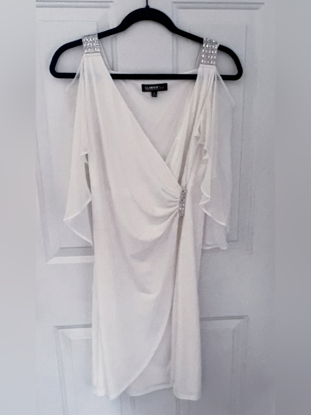 Glamour White Cold-Shoulder Cocktail Dress with Rhinestone Detail